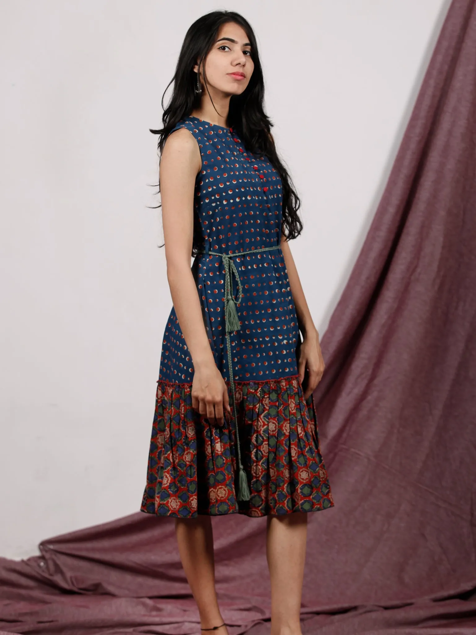 Indigo Red Green Hand Block Printed Sleeveless Dress With Tassels - D230F1317