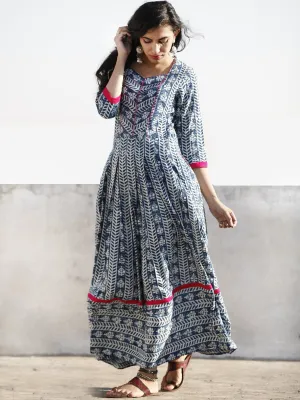 Indigo White Magenta Hand Blocked Cotton Long Dress With Thread Work  - D209F1066