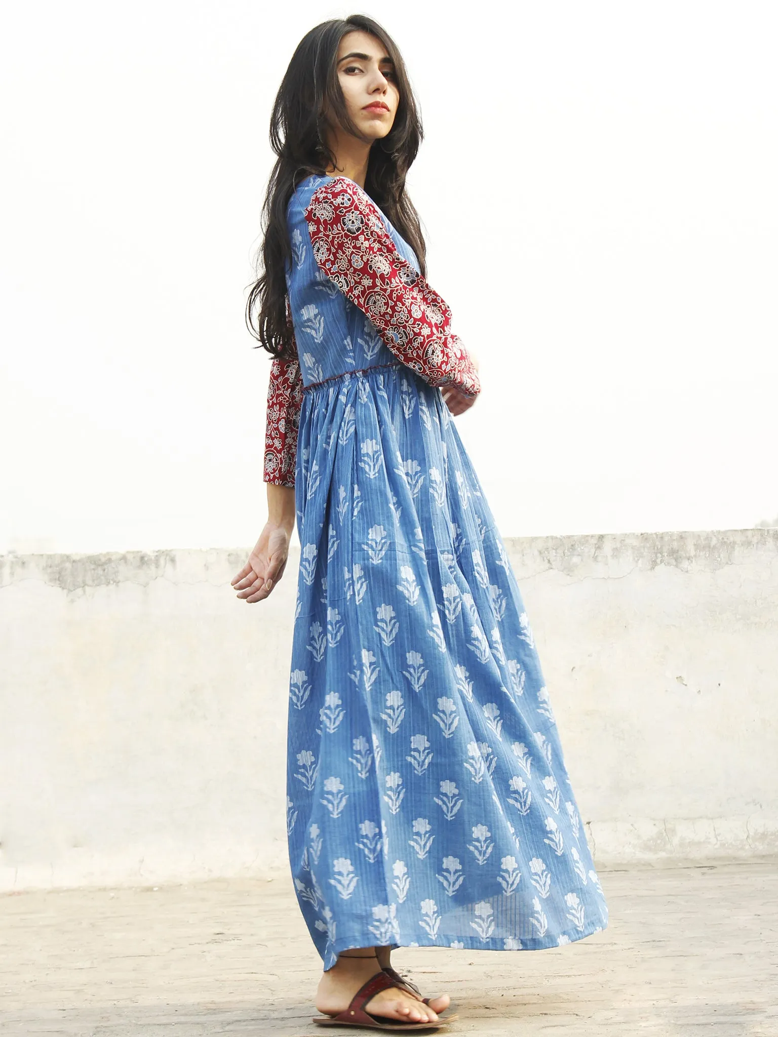 Indigo White Maroon Long Hand Block Printed Cotton Dress With Gathers  - D143F905