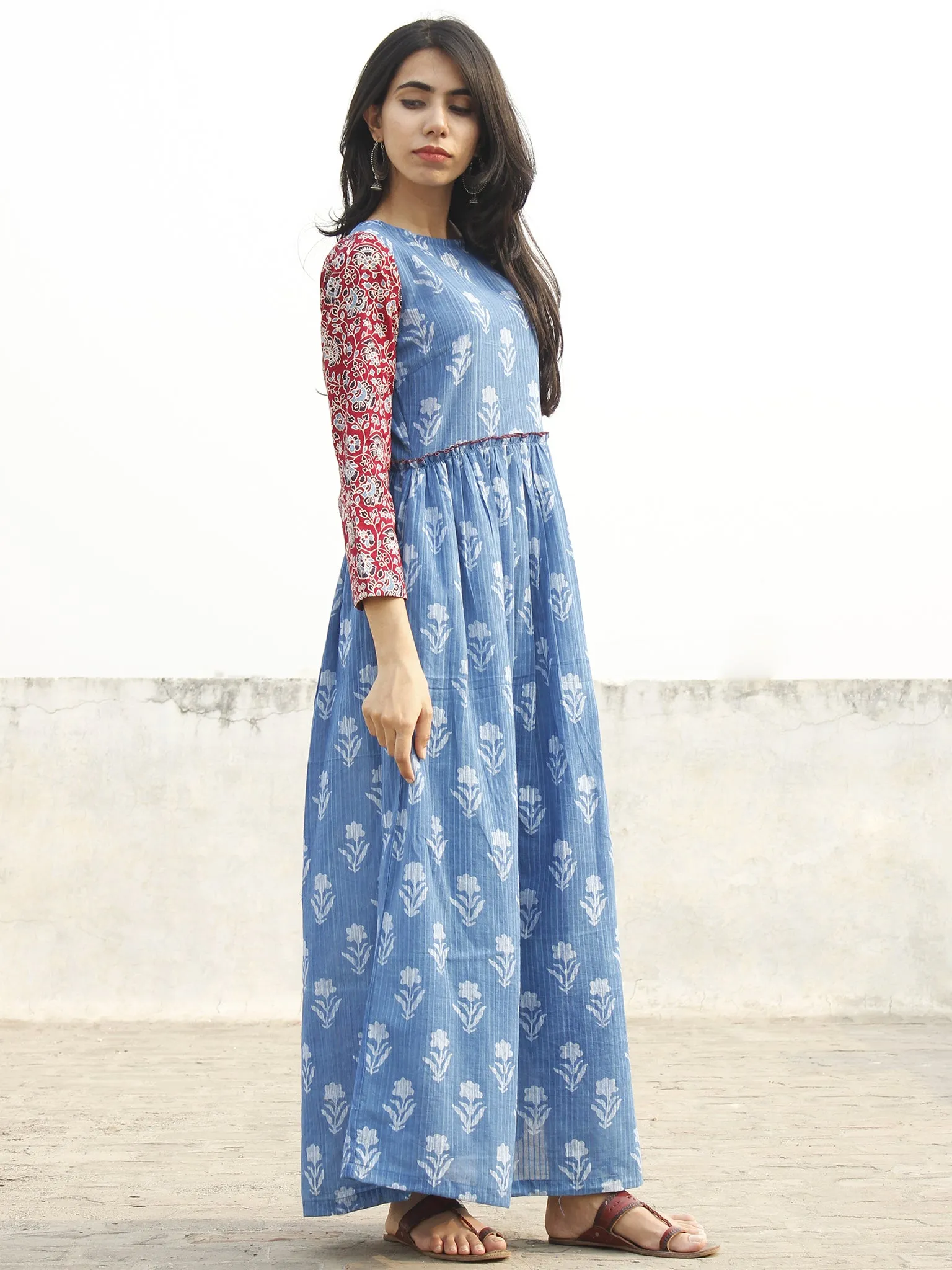 Indigo White Maroon Long Hand Block Printed Cotton Dress With Gathers  - D143F905