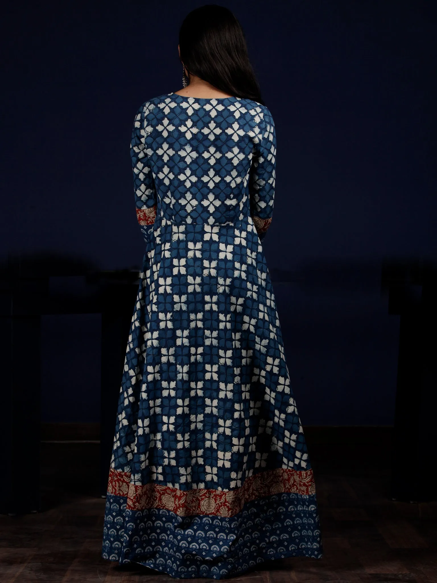 Indigo White Red Hand Block Printed Cotton Dress With Pin Tuck  - D204F1340