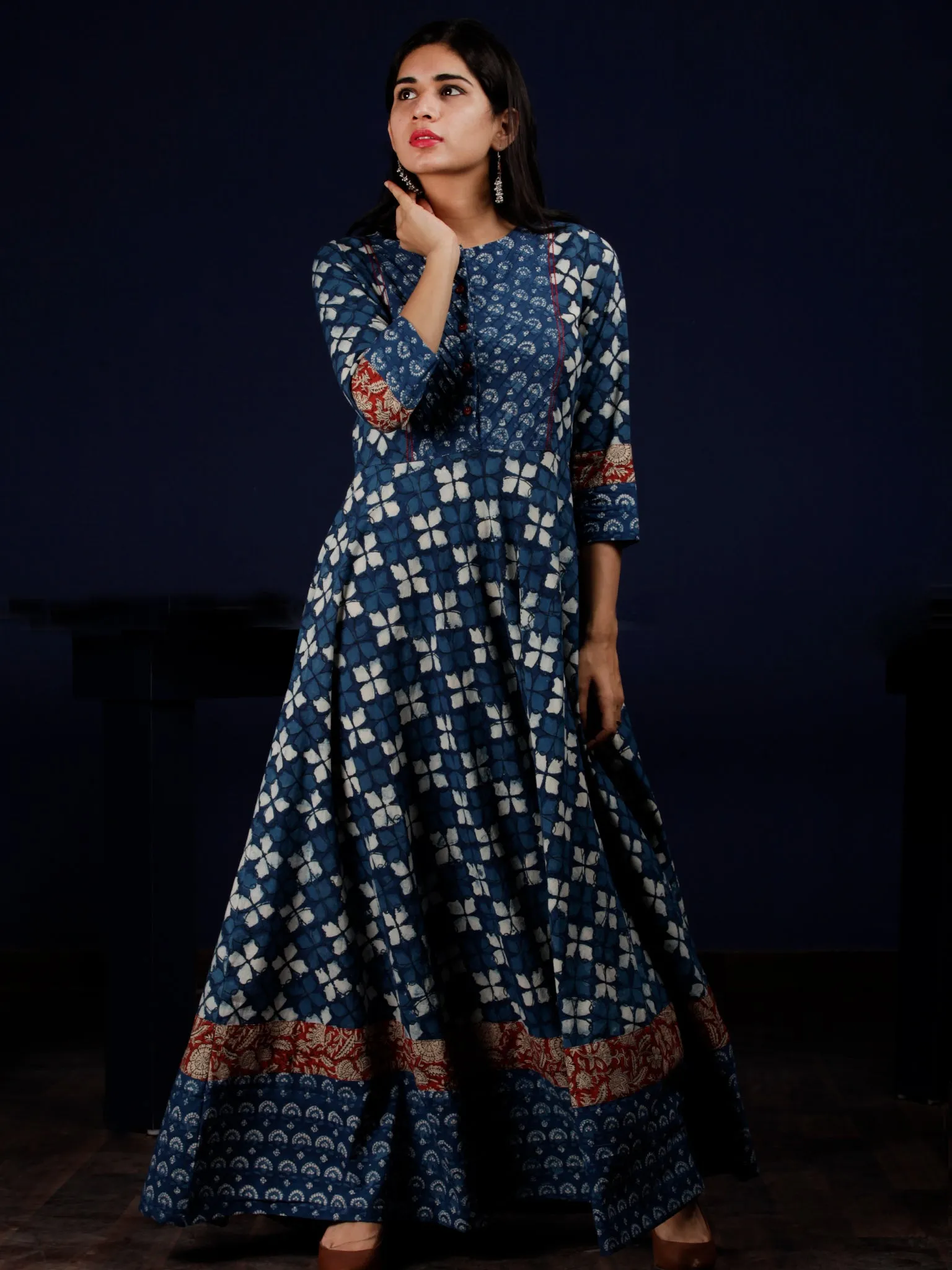 Indigo White Red Hand Block Printed Cotton Dress With Pin Tuck  - D204F1340