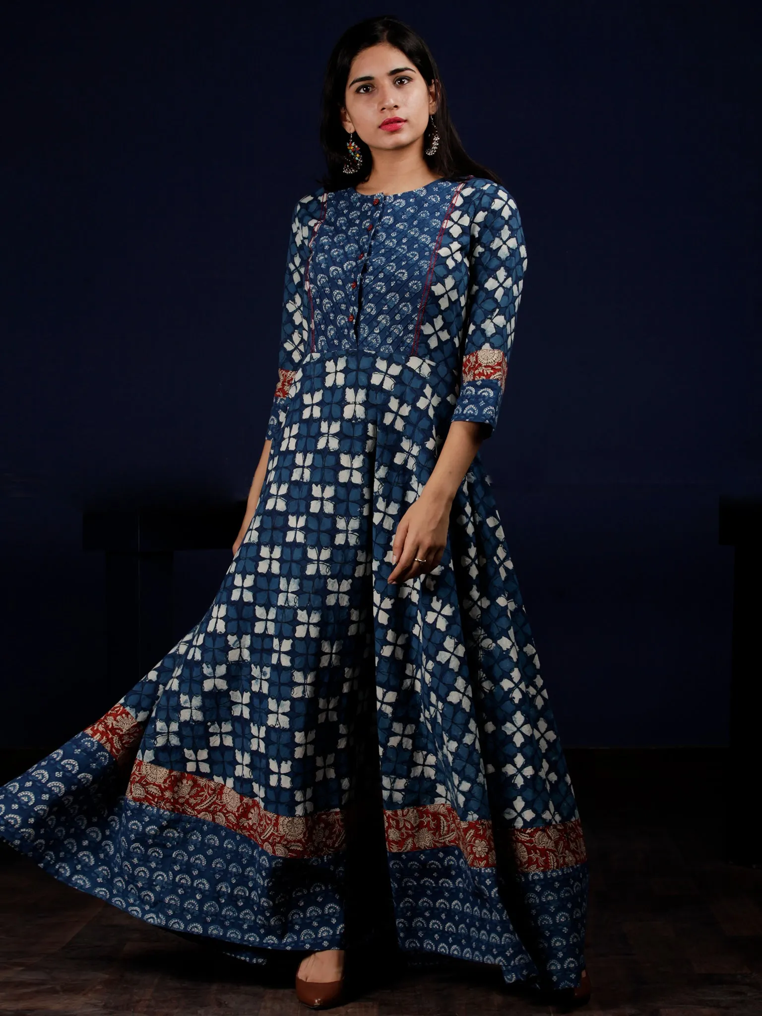 Indigo White Red Hand Block Printed Cotton Dress With Pin Tuck  - D204F1340