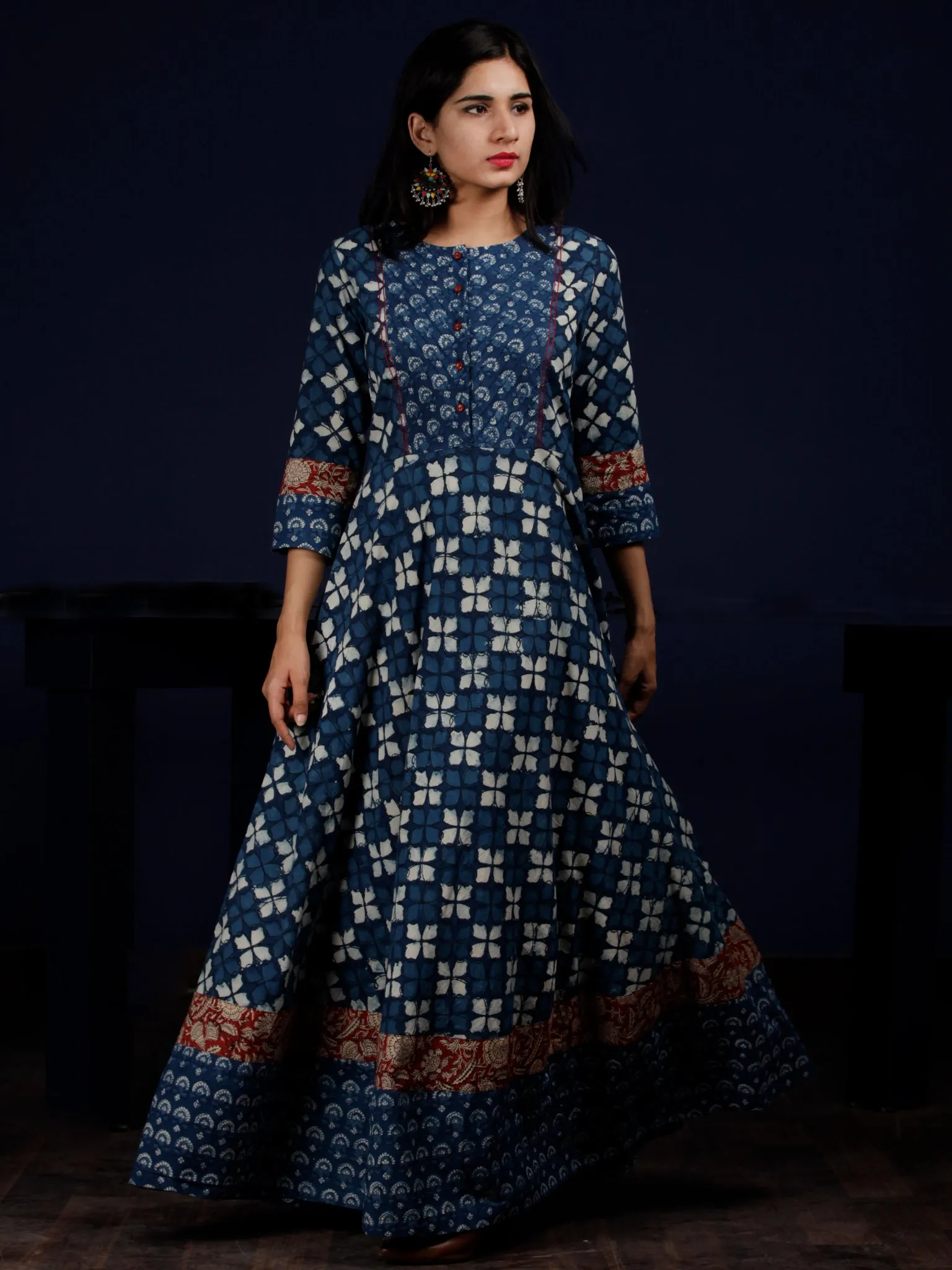 Indigo White Red Hand Block Printed Cotton Dress With Pin Tuck  - D204F1340