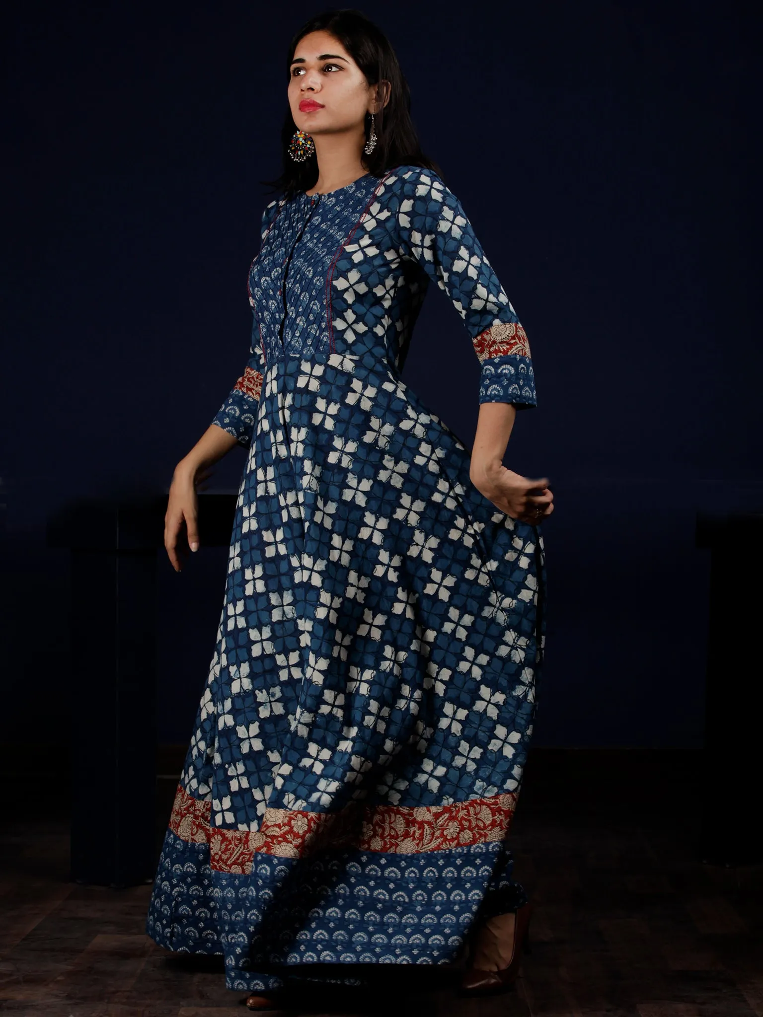 Indigo White Red Hand Block Printed Cotton Dress With Pin Tuck  - D204F1340