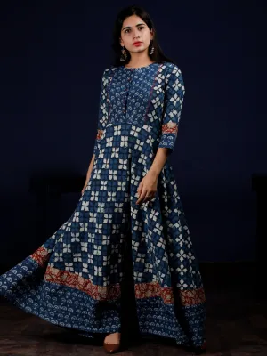 Indigo White Red Hand Block Printed Cotton Dress With Pin Tuck  - D204F1340