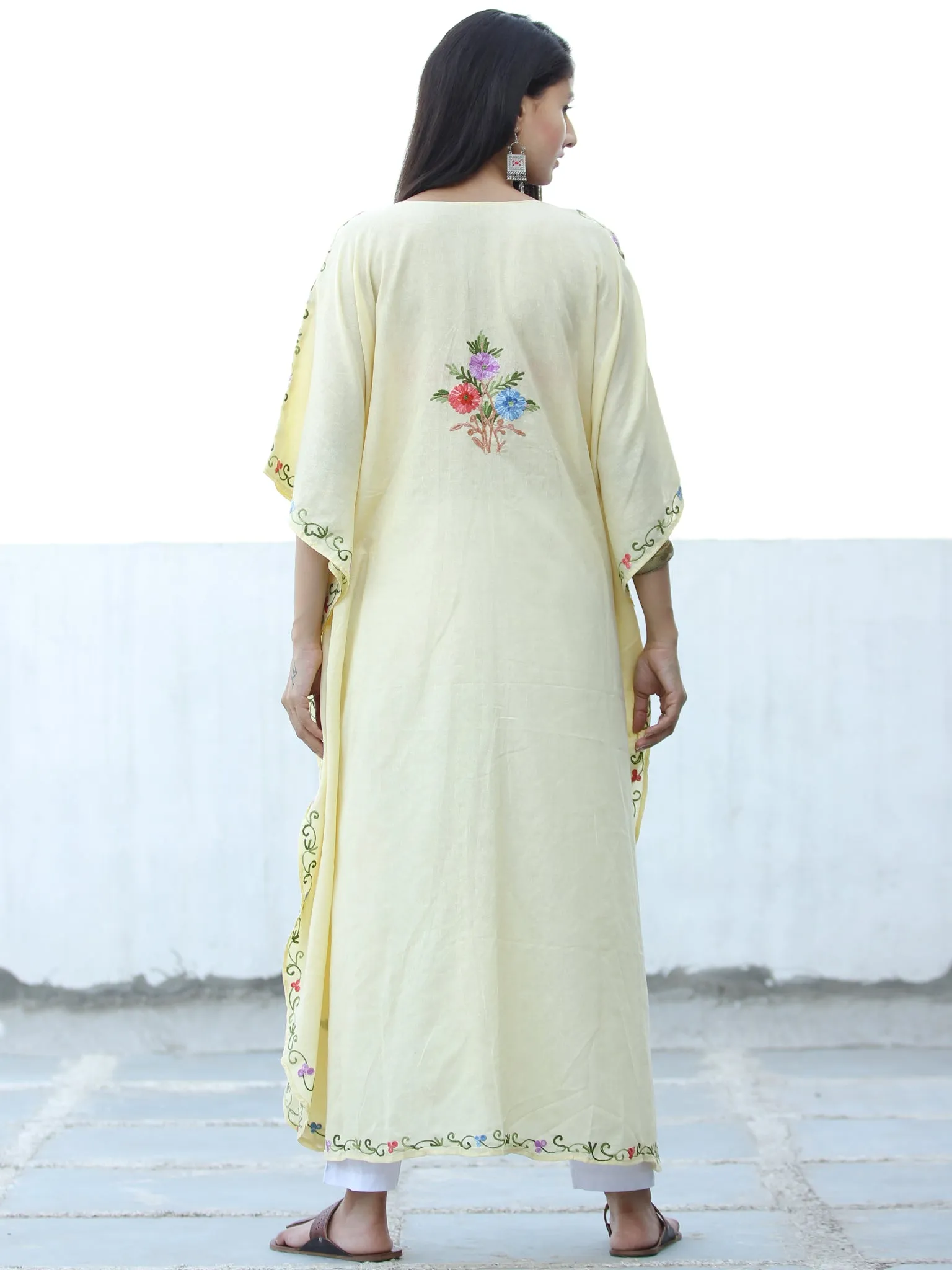 Ivory Aari Embroidered Kashmere Free Size Long Kaftan in Crushed Cotton - K11K058