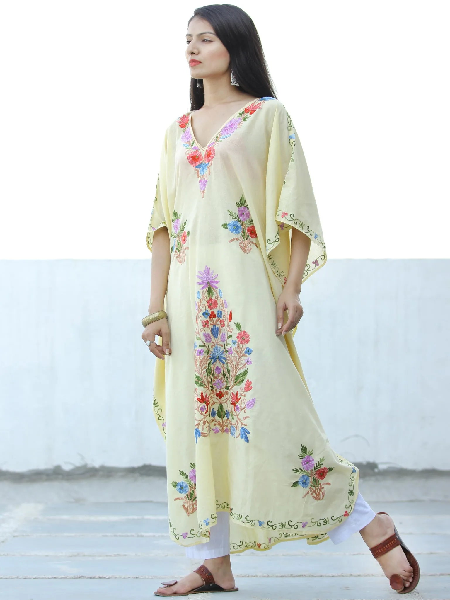 Ivory Aari Embroidered Kashmere Free Size Long Kaftan in Crushed Cotton - K11K058