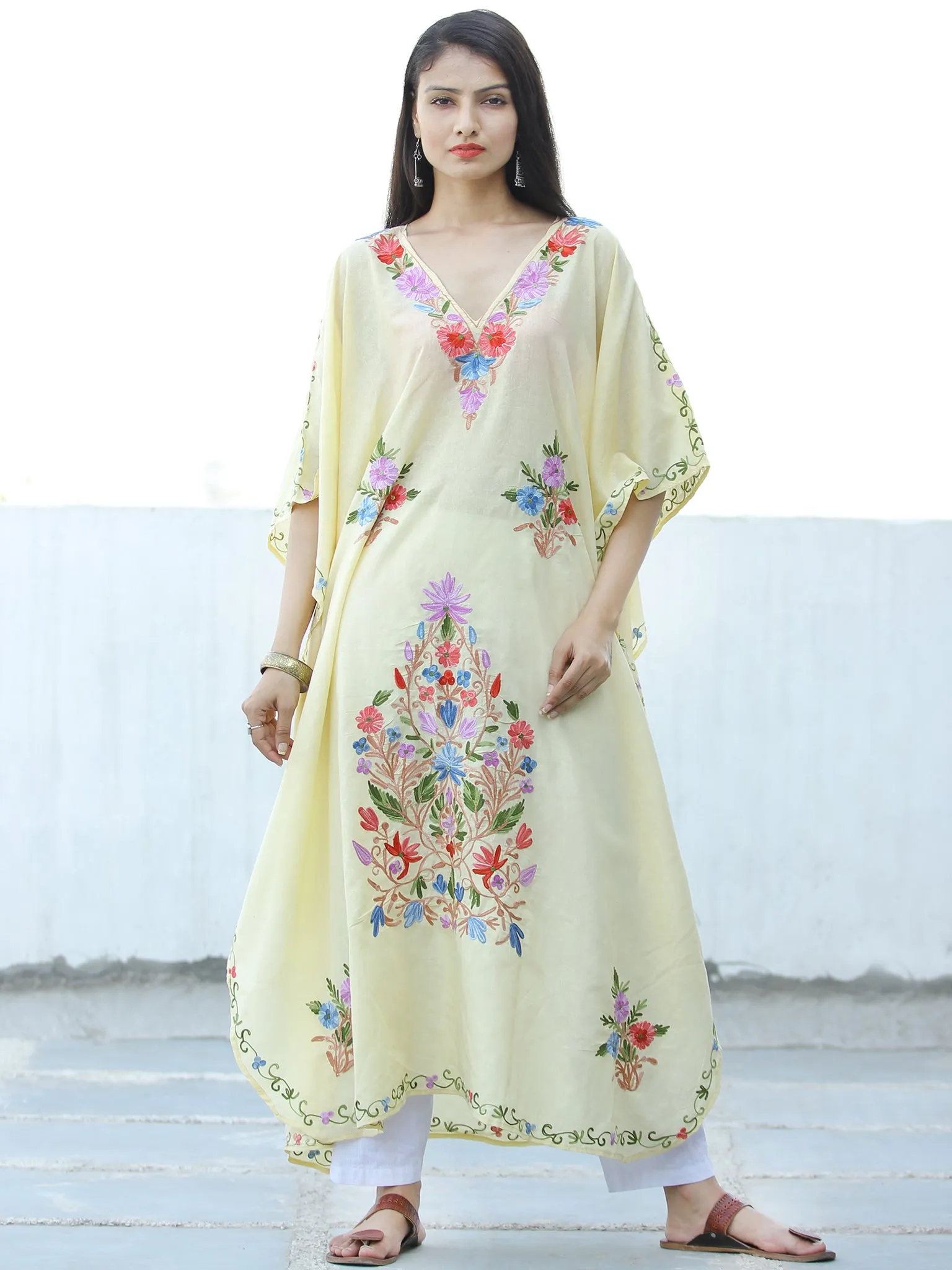 Ivory Aari Embroidered Kashmere Free Size Long Kaftan in Crushed Cotton - K11K058