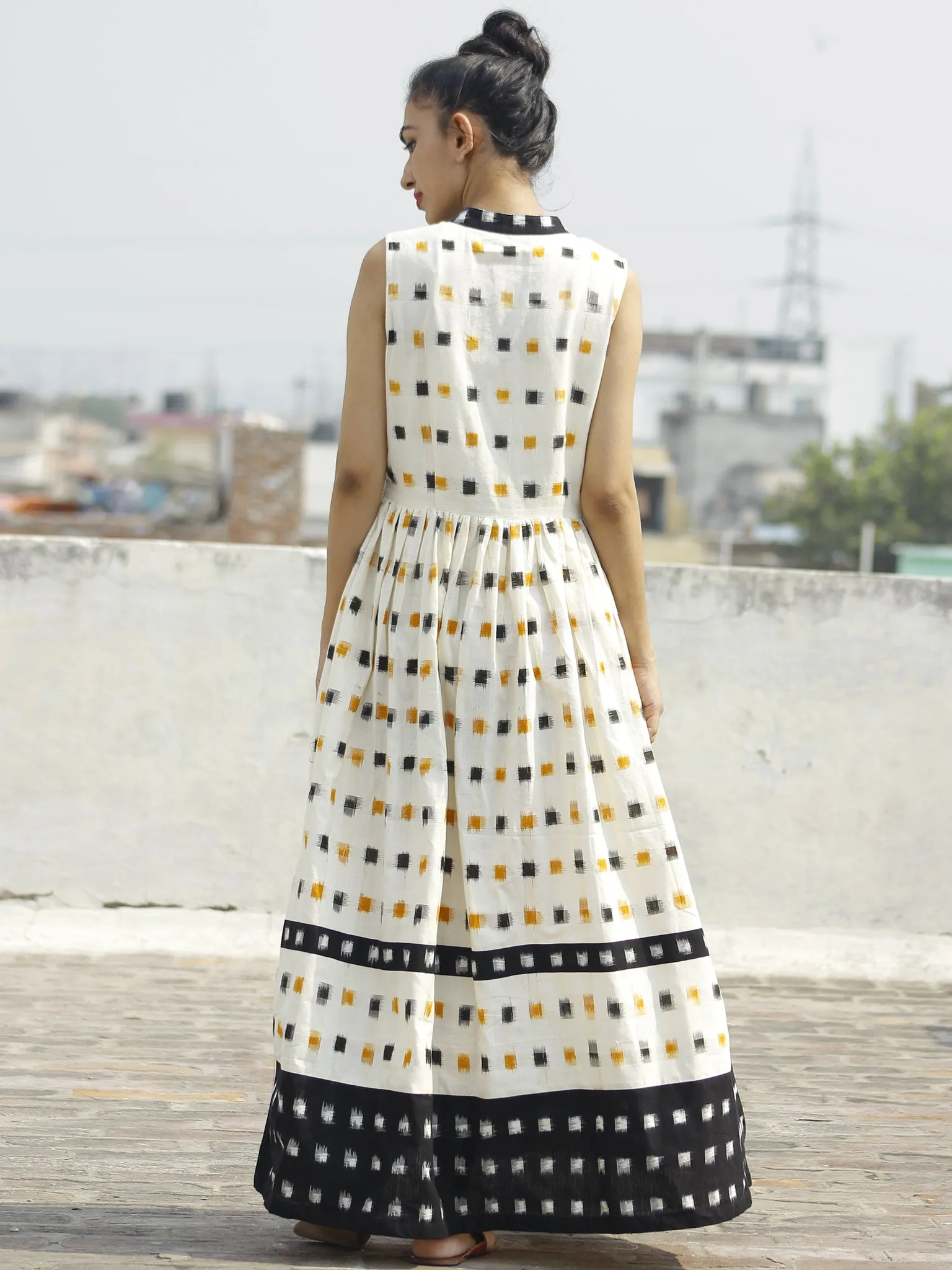 Ivory Black Mustard Ikat Sleeveless Dress With Side Pockets-  D107F764