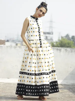 Ivory Black Mustard Ikat Sleeveless Dress With Side Pockets-  D107F764