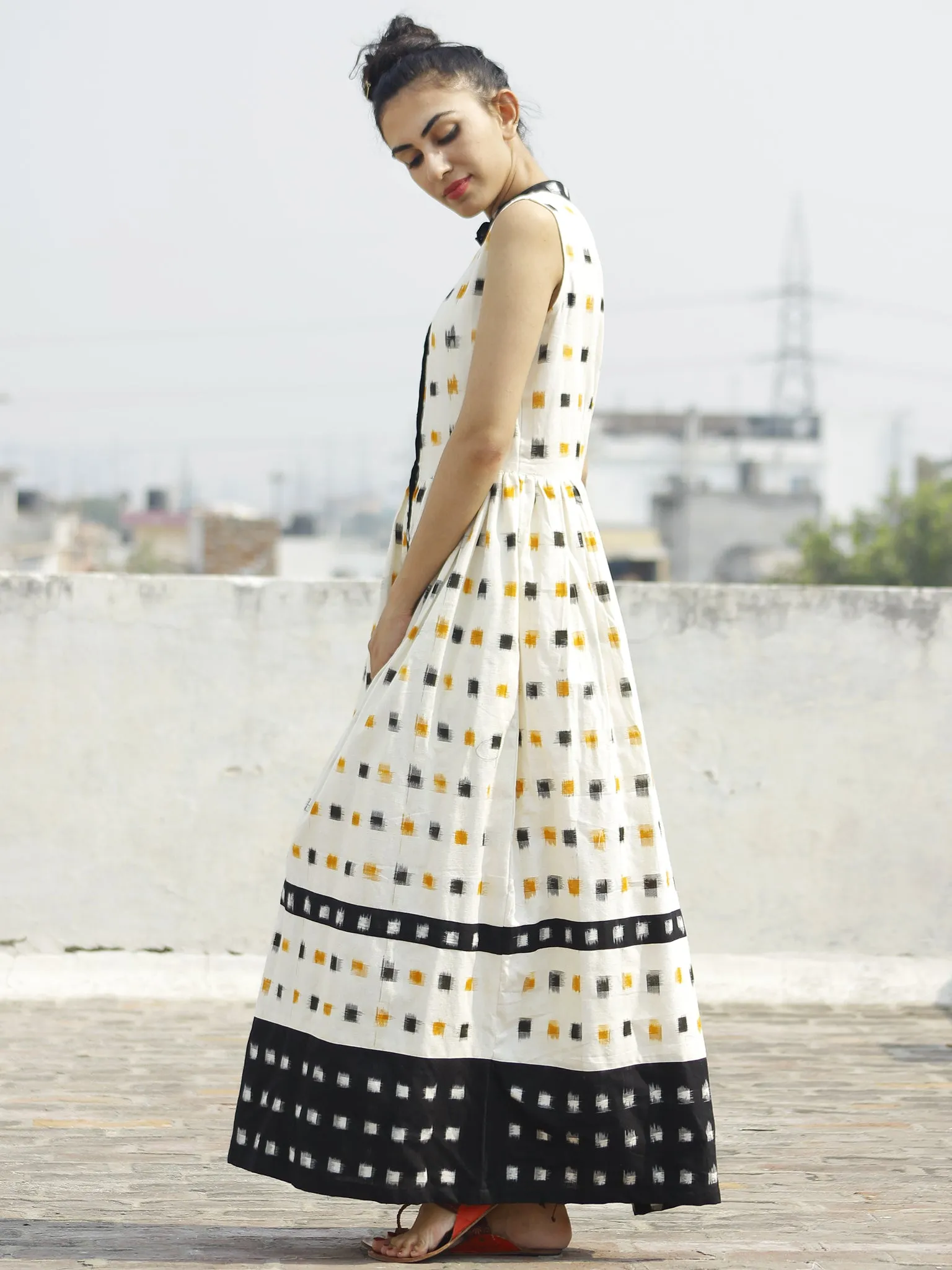 Ivory Black Mustard Ikat Sleeveless Dress With Side Pockets-  D107F764