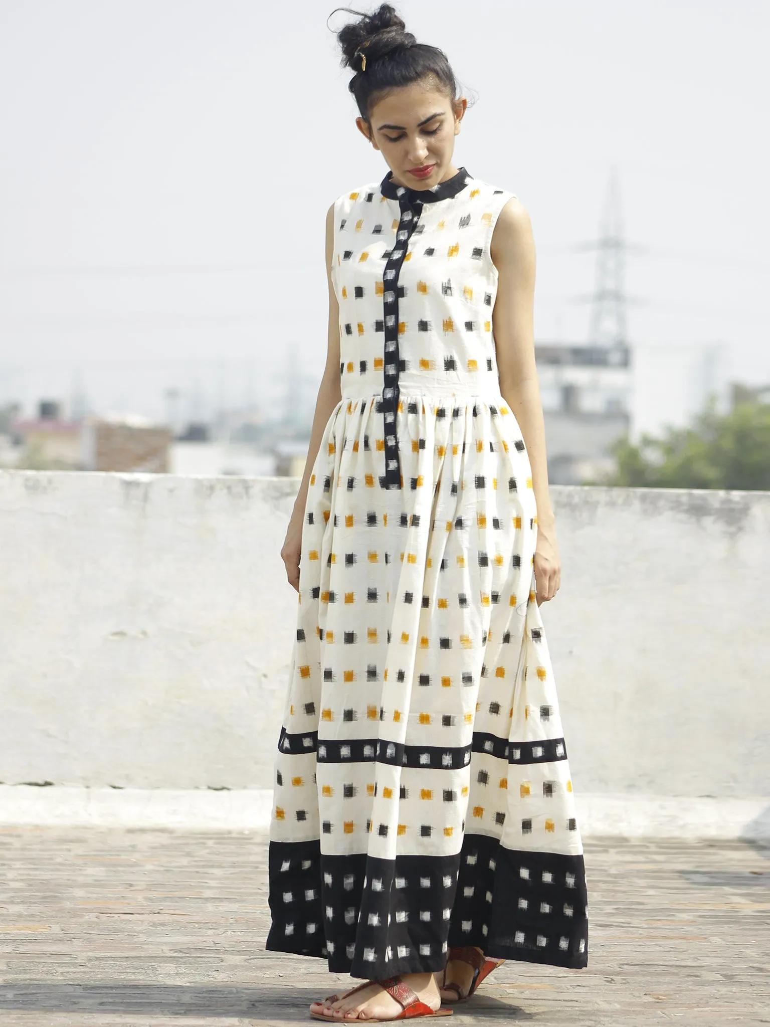 Ivory Black Mustard Ikat Sleeveless Dress With Side Pockets-  D107F764