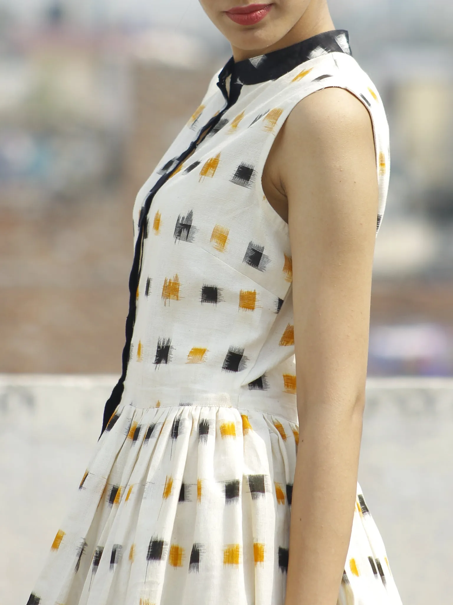 Ivory Black Mustard Ikat Sleeveless Dress With Side Pockets-  D107F764