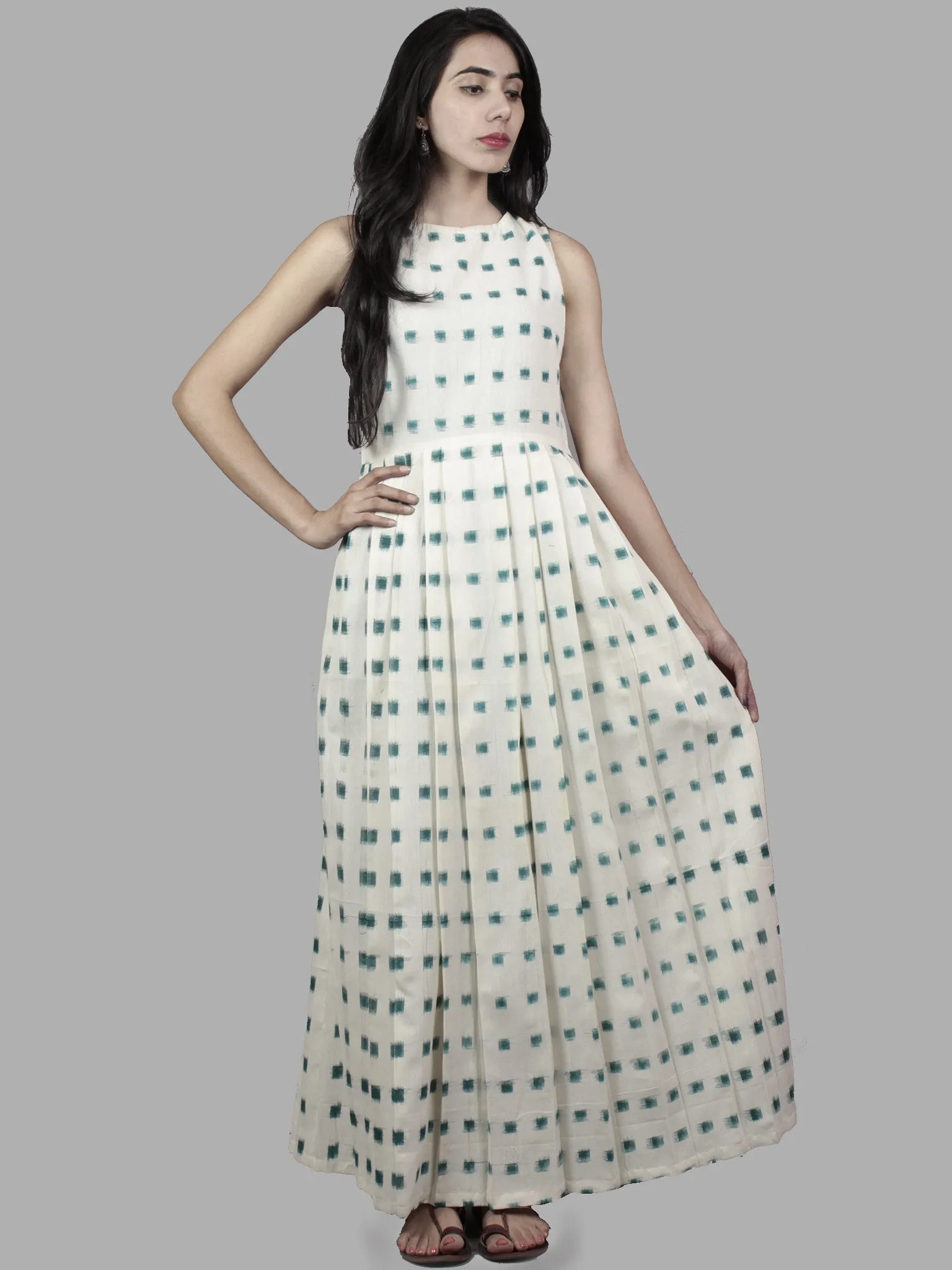 Ivory Pine Green Long Sleeveless Handwoven Double Ikat Dress With Knife Pleats & Side Pockets - D3265605