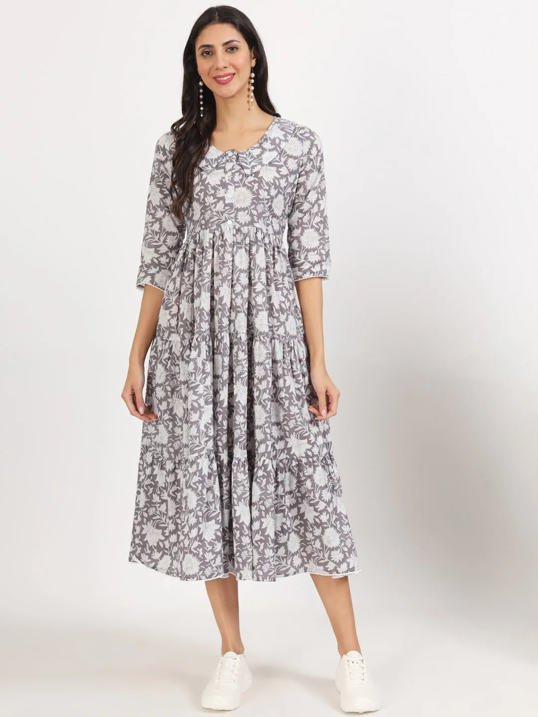 Jashvi Grey Floral Printed Cotton Dress