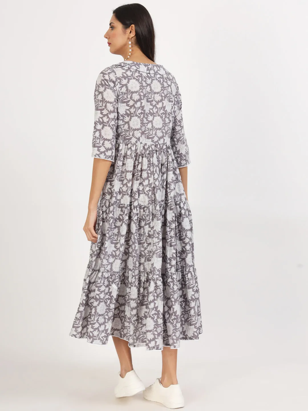 Jashvi Grey Floral Printed Cotton Dress