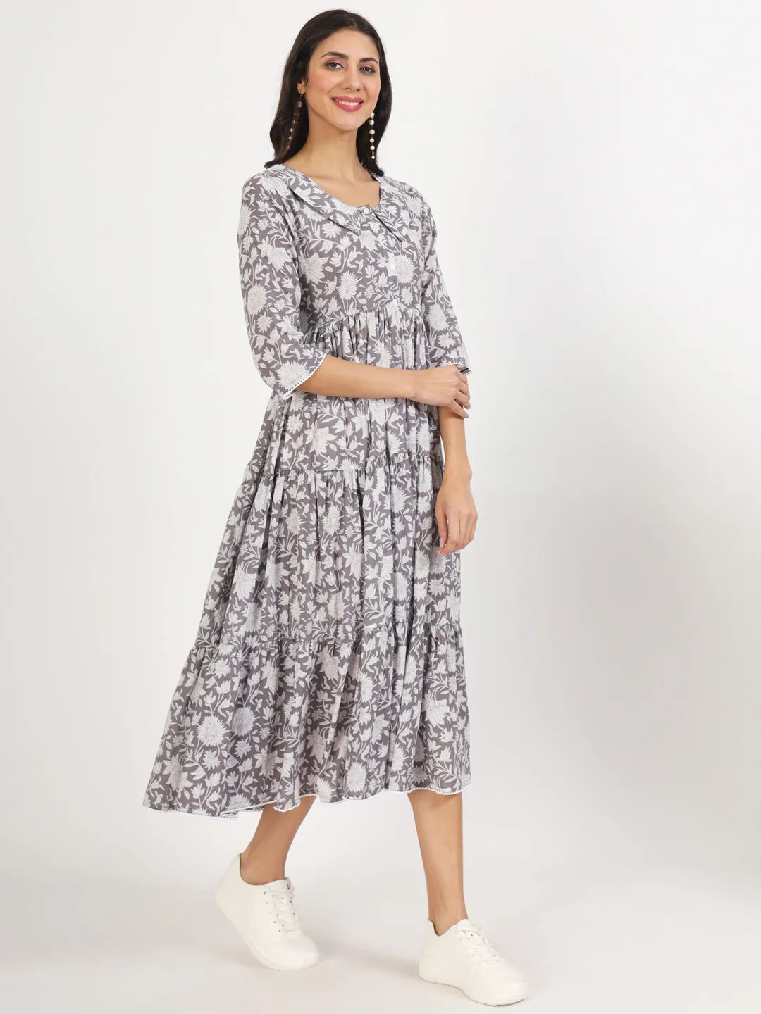 Jashvi Grey Floral Printed Cotton Dress