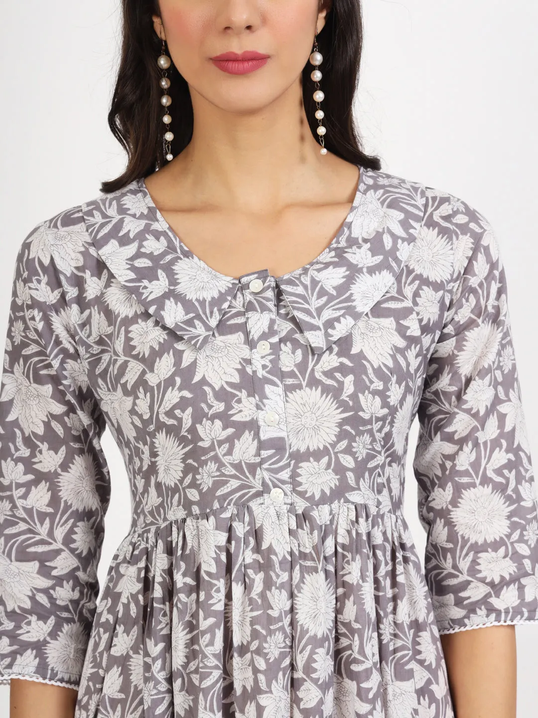 Jashvi Grey Floral Printed Cotton Dress