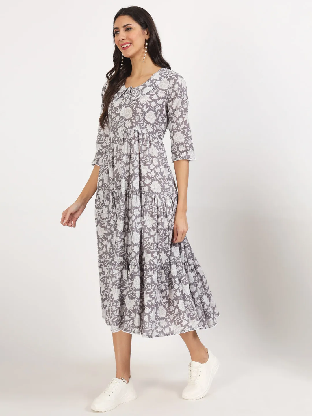 Jashvi Grey Floral Printed Cotton Dress