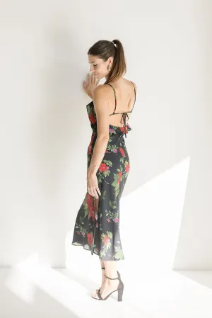 Jasmine Sleeveless Back Tie Floral Print Ruffle Midi Dress Black