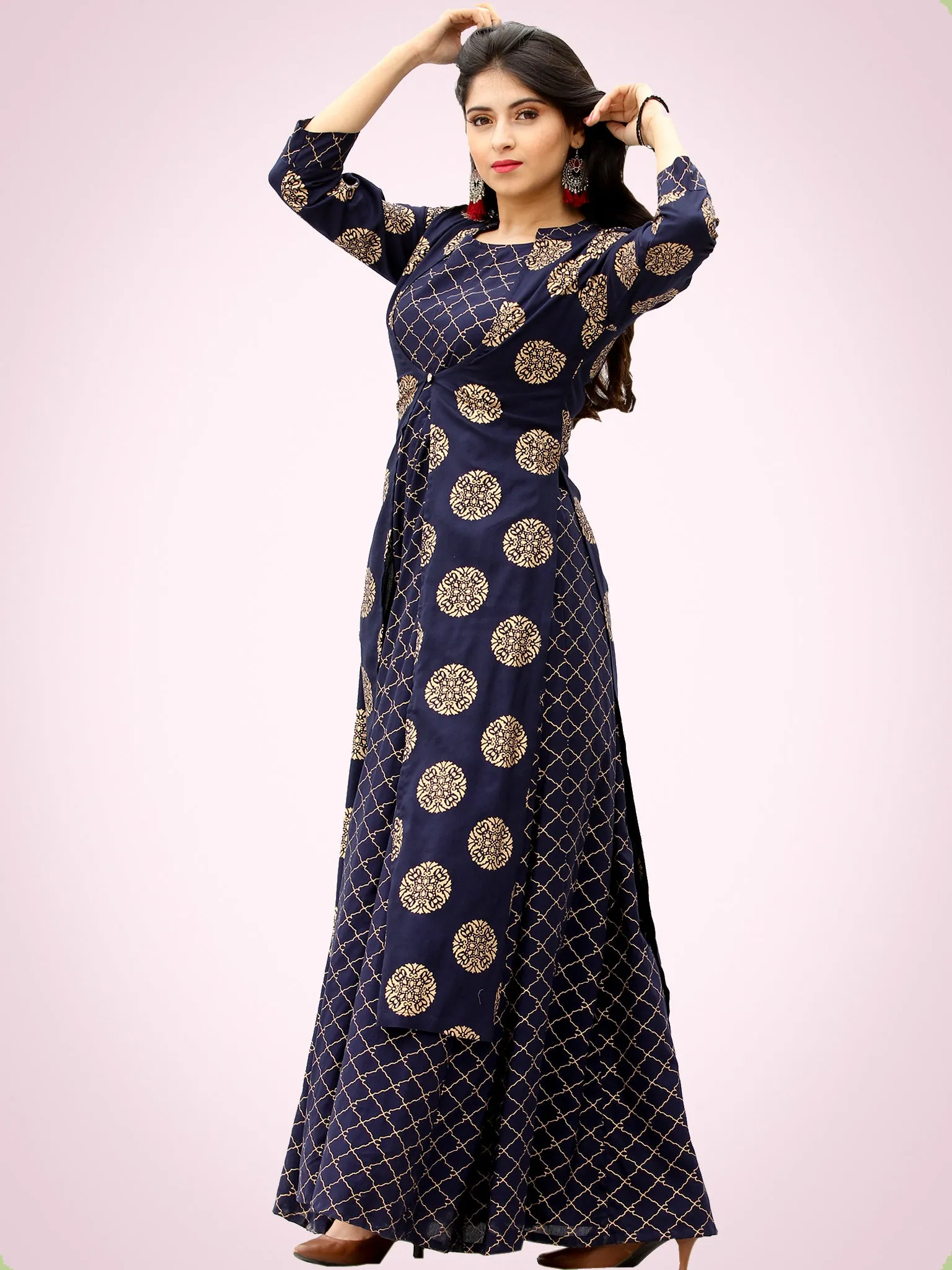 Jina - Indigo Gold Block Printed Long Cape Dress - D400F2199