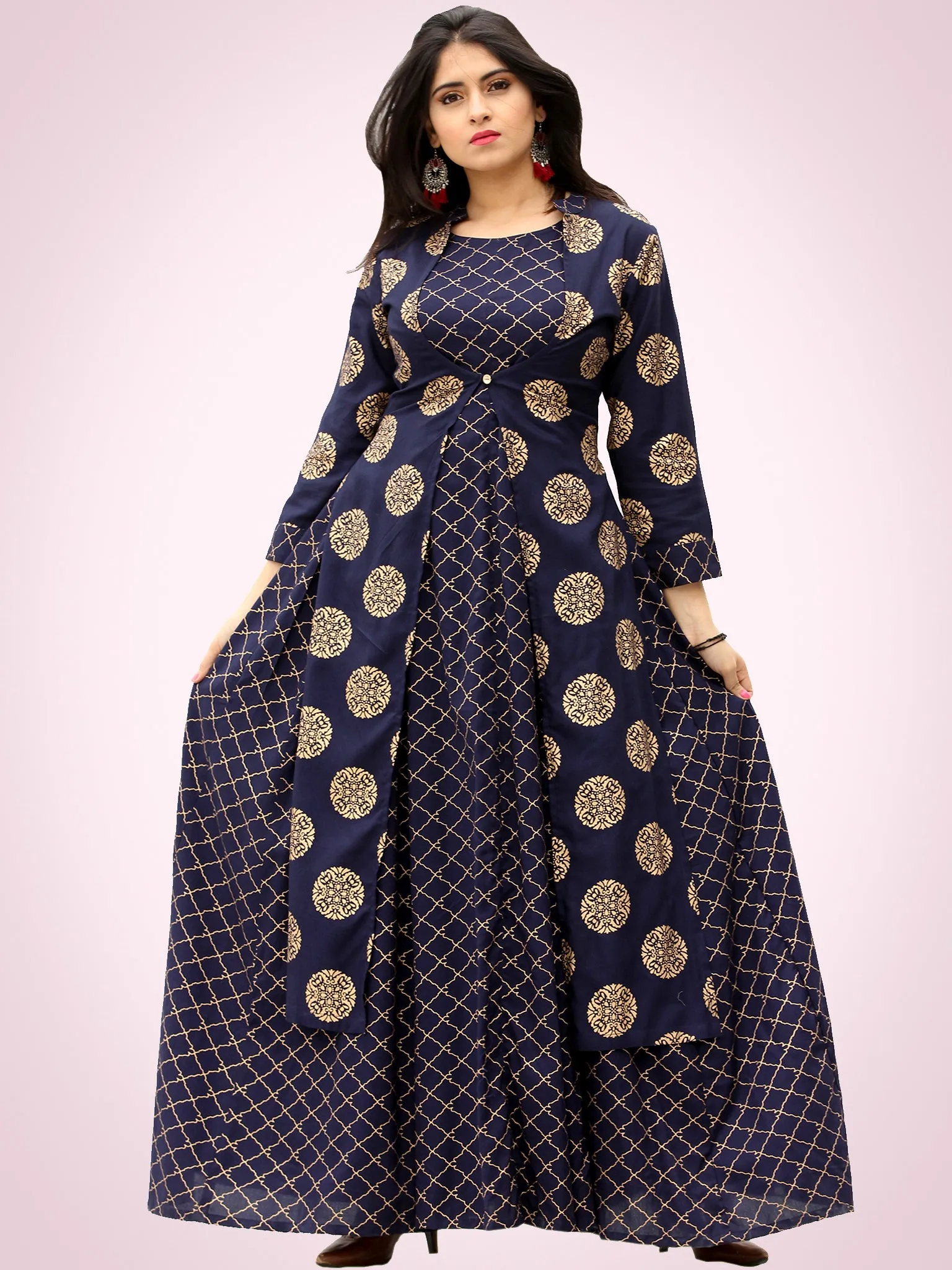 Jina - Indigo Gold Block Printed Long Cape Dress - D400F2199