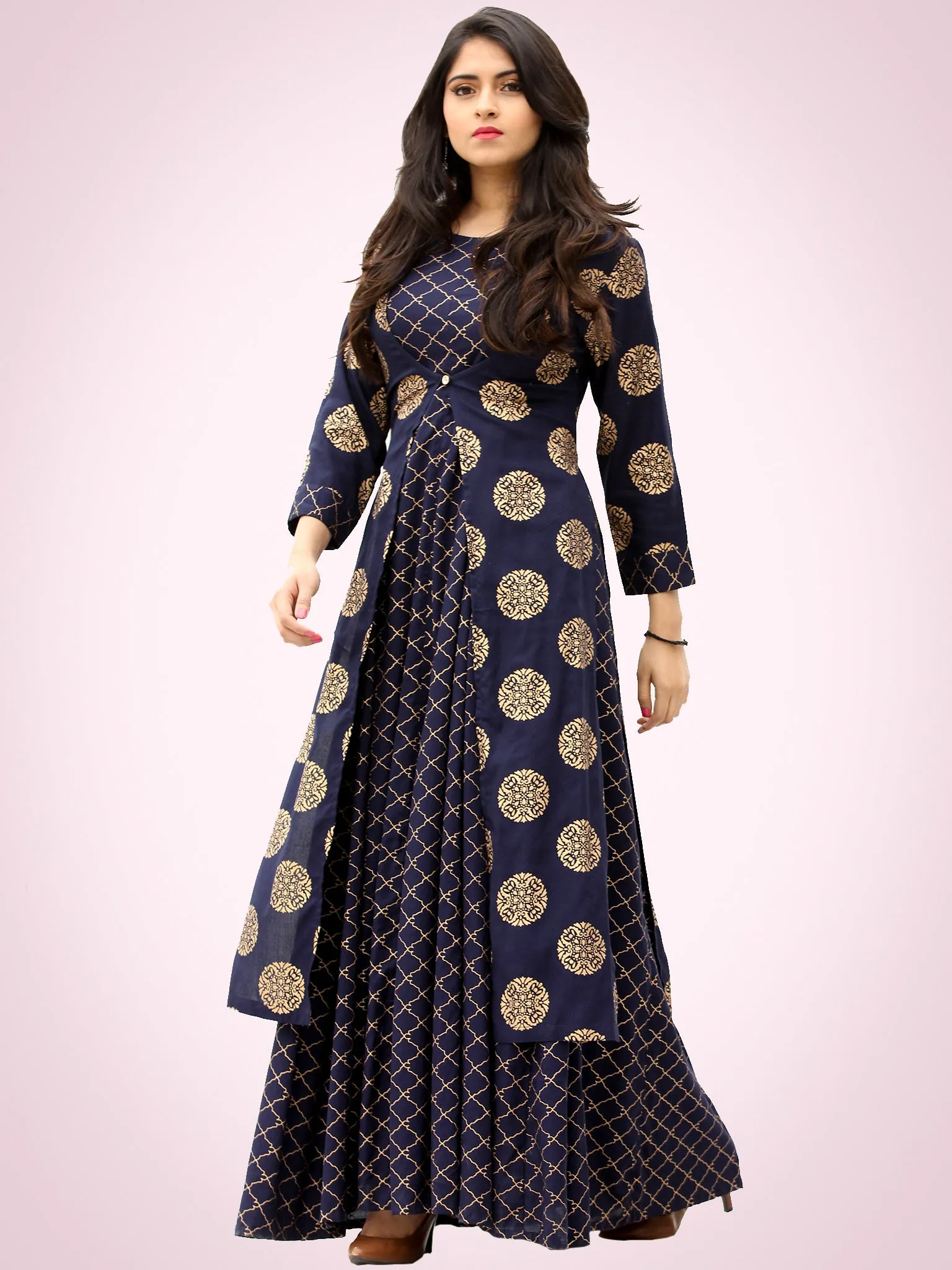 Jina - Indigo Gold Block Printed Long Cape Dress - D400F2199