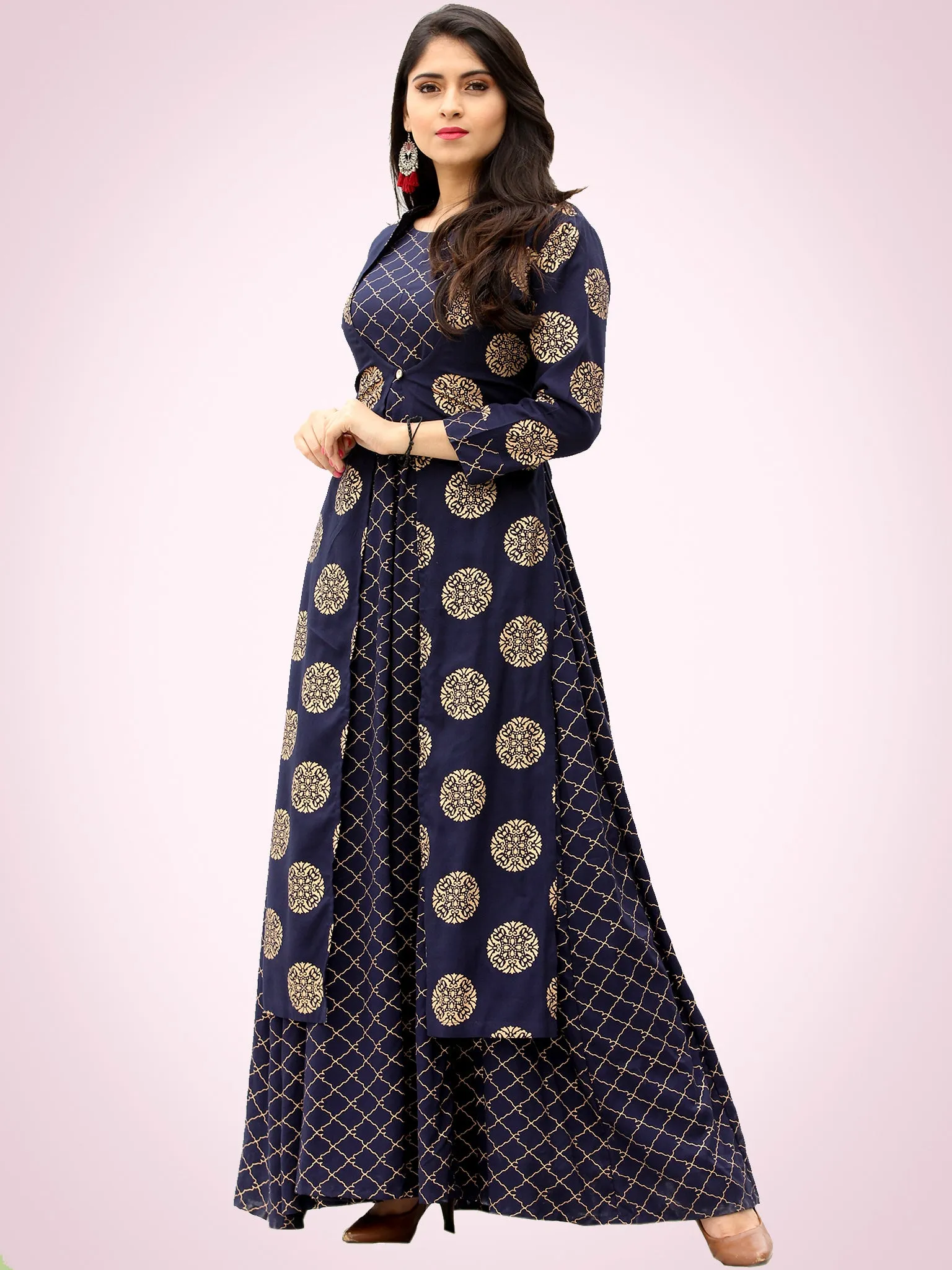 Jina - Indigo Gold Block Printed Long Cape Dress - D400F2199