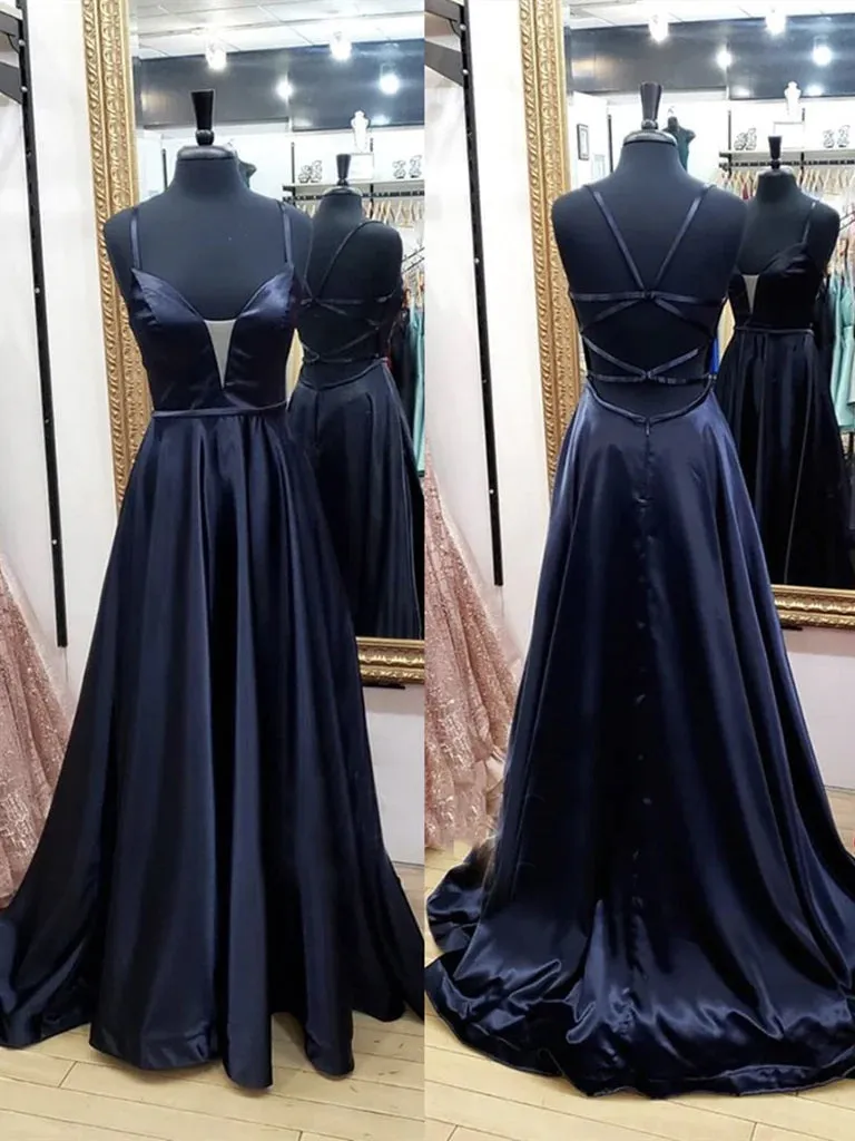 kamahe V Neck Black Satin Long Prom Dresses, Black V Neck Long Satin Formal Evening Dresses