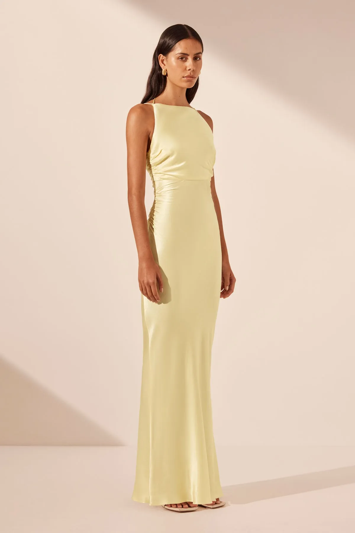 LA LUNE HIGH NECK RUCHED MAXI DRESS - LEMON