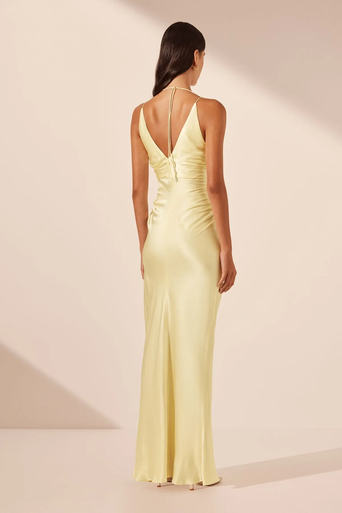 LA LUNE HIGH NECK RUCHED MAXI DRESS - LEMON