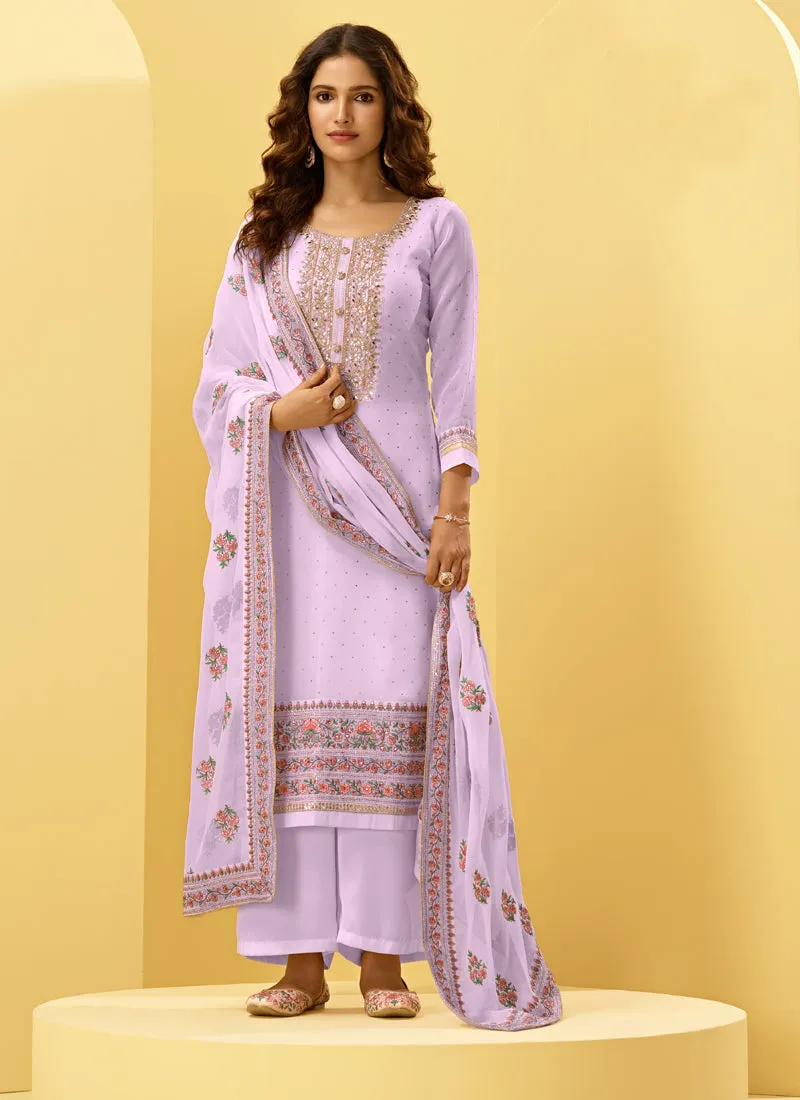 Lavender Embroidered Designer Palazzo Suit