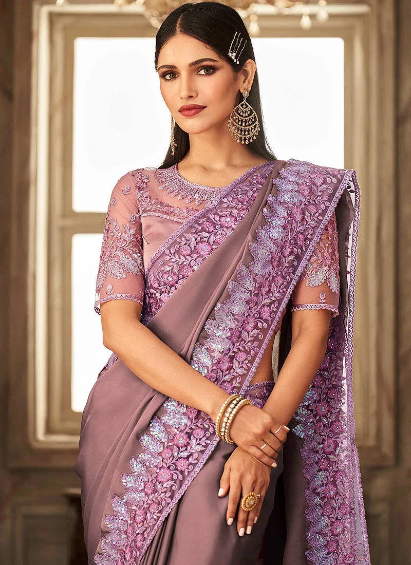 Lavender Embroidered Silk Saree