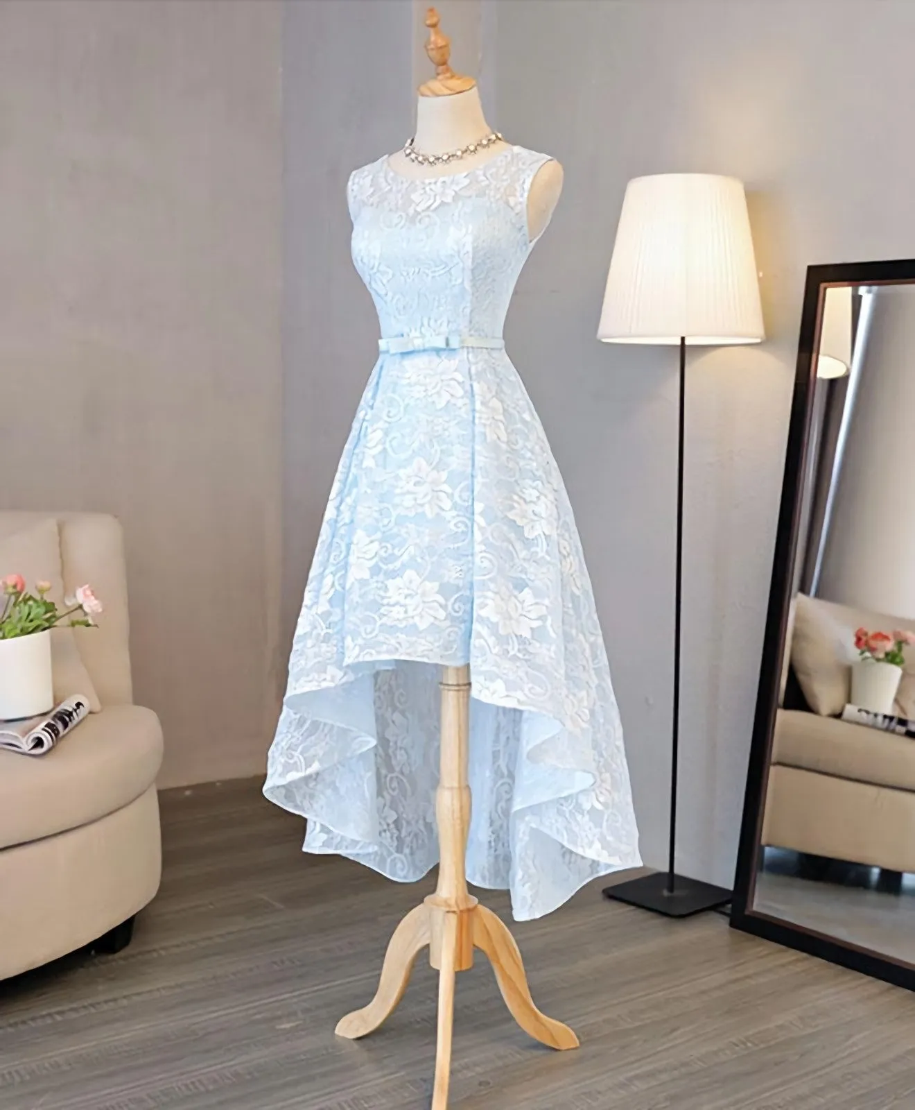 Light Blue Lace High Low Prom Dress, Homecoming Dress