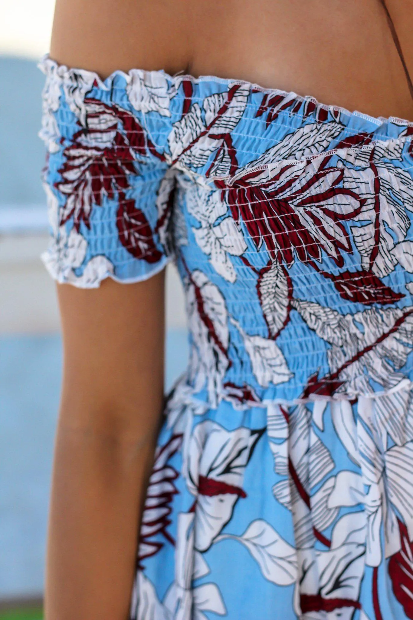 Light Blue Tropical Off Shoulder Short Dress