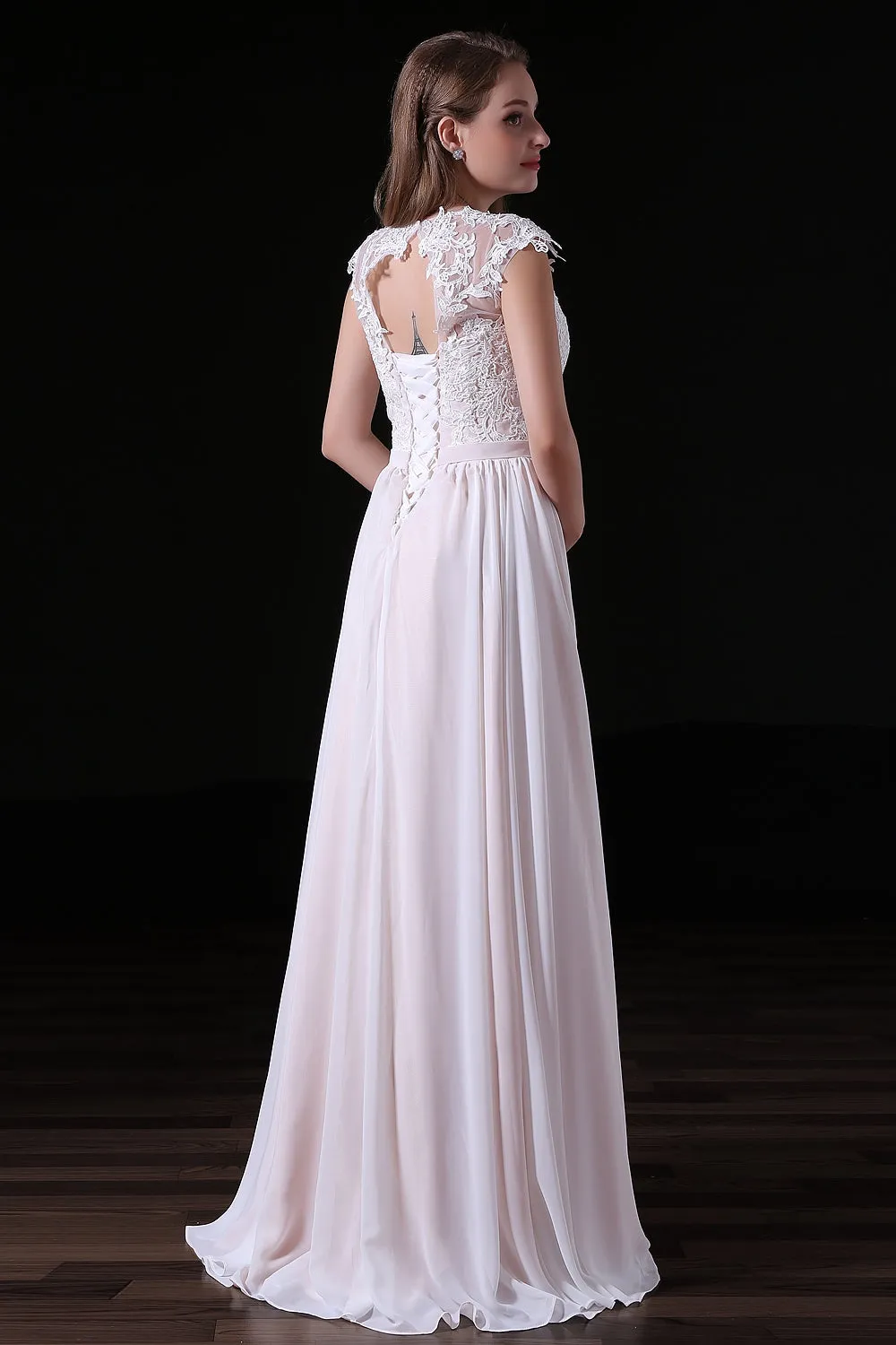 Light Pink Chiffon Wedding Dresses with veil Lace Appliques Top Short Sleeve