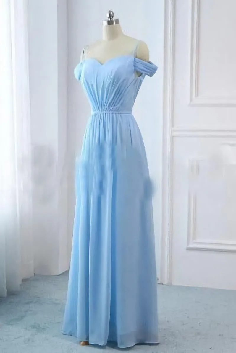 Light Sky Blue A Line Off The Shoulder Natural Waist Ruched Prom Dress Lace Up Party Dress