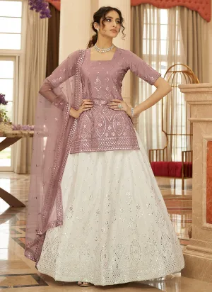 Lilac And White Embroidered Lehenga Kurti