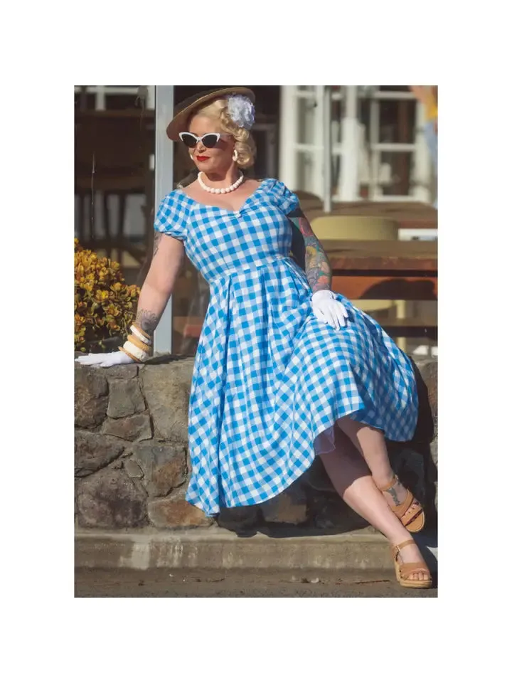 Lily Off Shoulder Blue Gingham Swing Dress by Dolly and Dotty