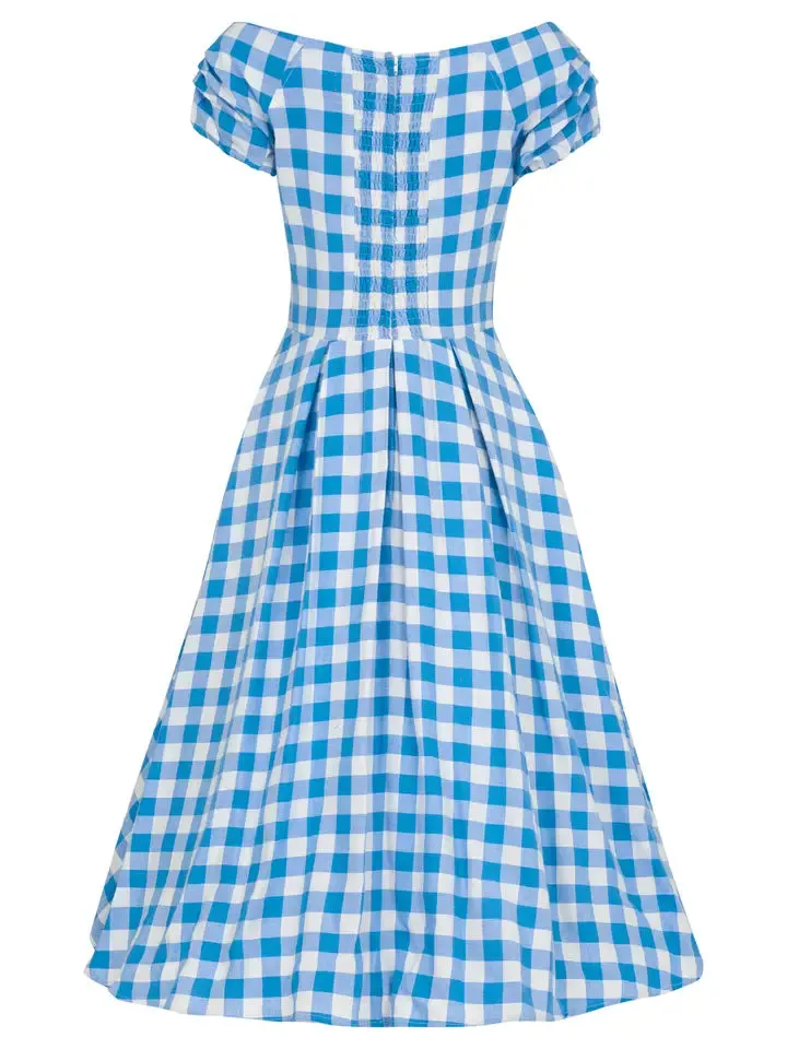 Lily Off Shoulder Blue Gingham Swing Dress by Dolly and Dotty