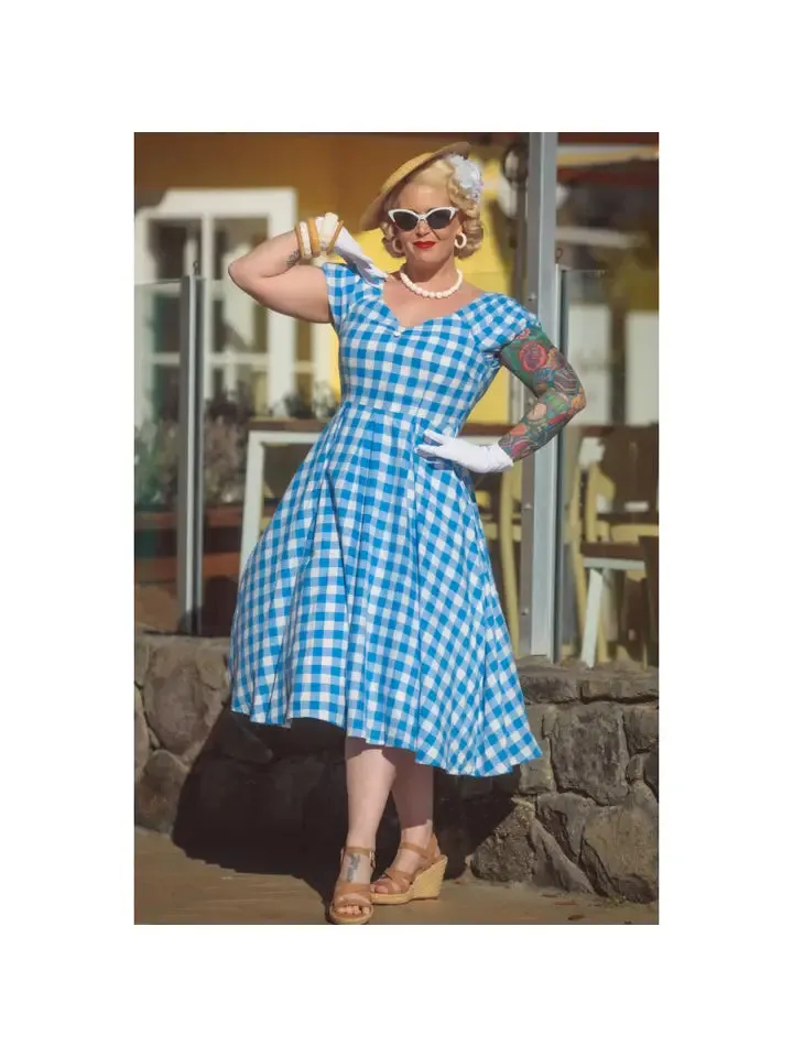 Lily Off Shoulder Blue Gingham Swing Dress by Dolly and Dotty