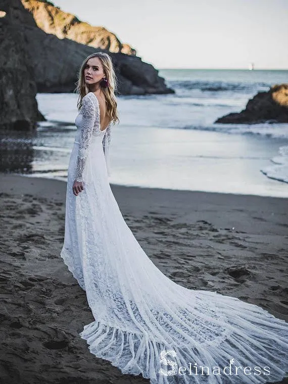 Long Sleeve Beach Wedding Dresses Chapel Train Romantic Lace Bridal Gown SEW038