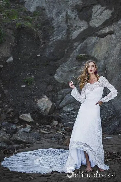 Long Sleeve Beach Wedding Dresses Chapel Train Romantic Lace Bridal Gown SEW038