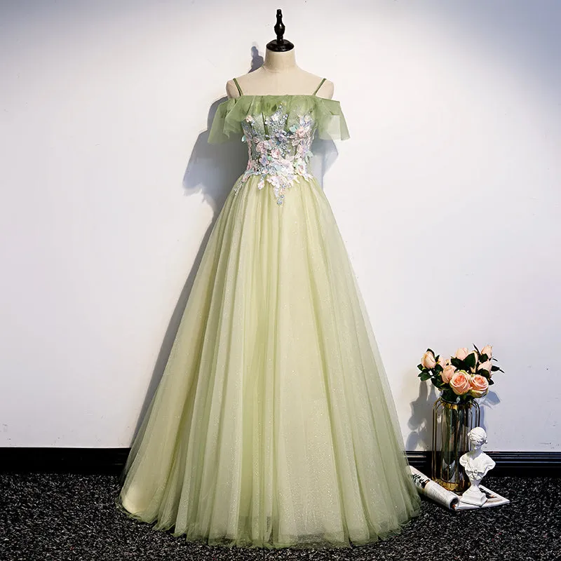 Lovely Flowers Off Shoulder Tulle Long Party Dress, A-line Tulle Light Green Prom Dress