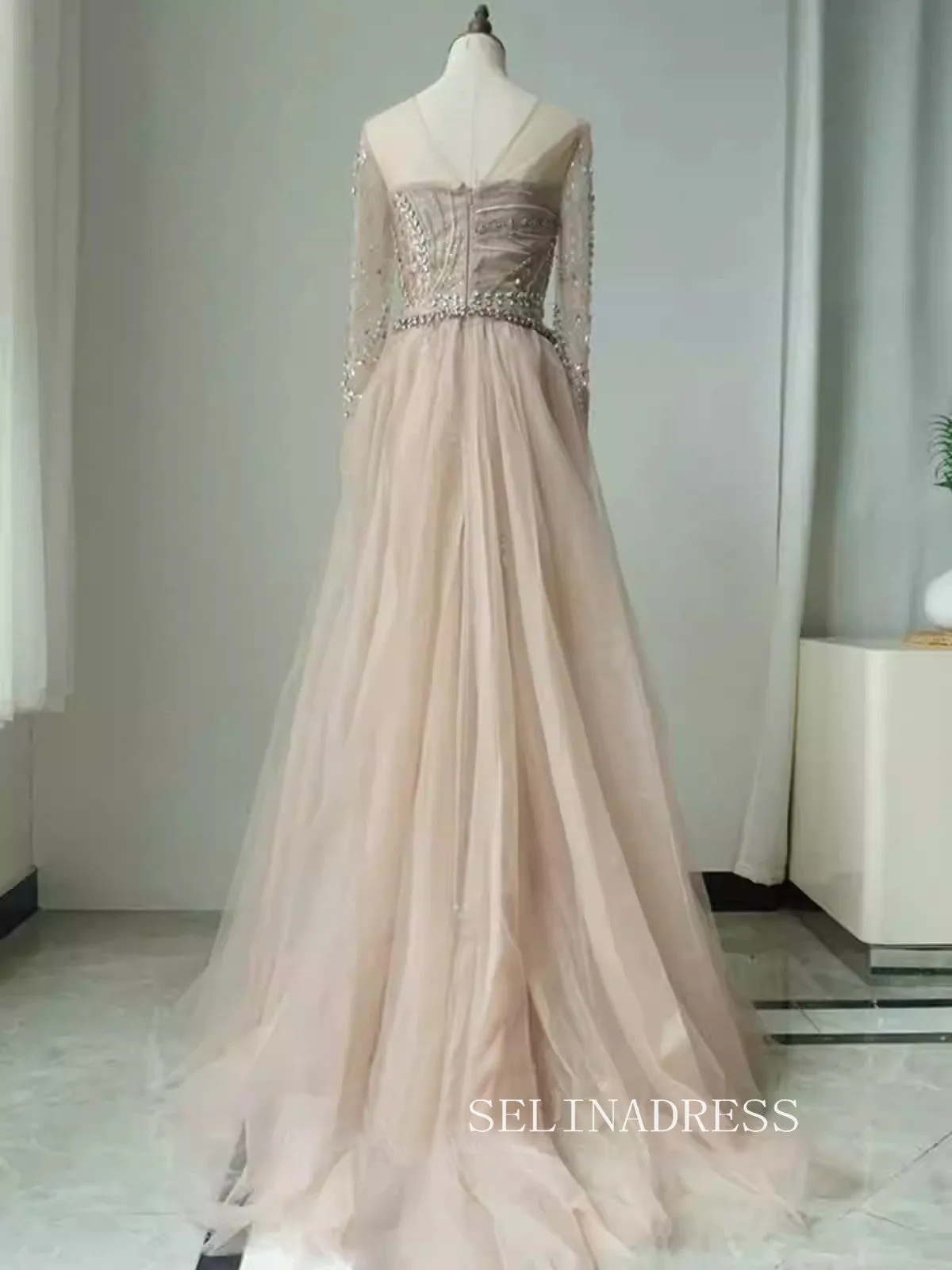 Luxurious Champagne Arabic Long Sleeves Beaded Long Formal Evening Dress With Skirt ALI0012