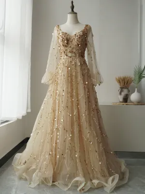 Luxury A-line Hand-stitched Beads Long Prom Dress Gold Long Evening Gowns ASB015