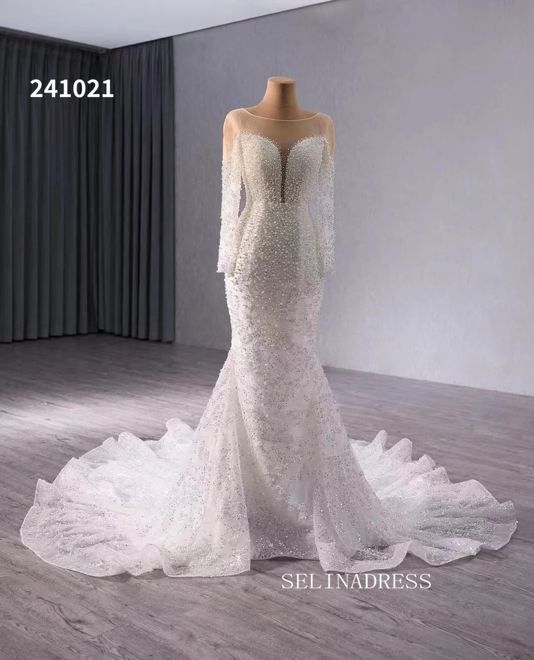 Luxury Mermaid Long Sleeve Wedding Dress Beaded Bridal Gowns 241021