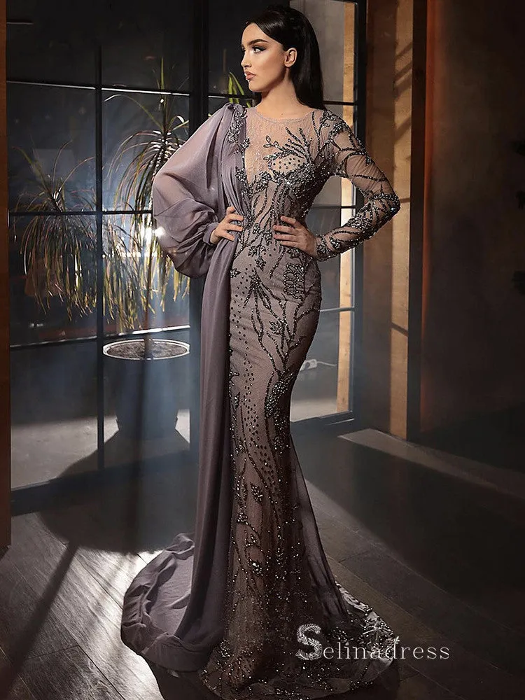 luxury Mermaid Scoop Long Sleeve Beaded Long Prom Dress Gray Evening Dress MLH0475