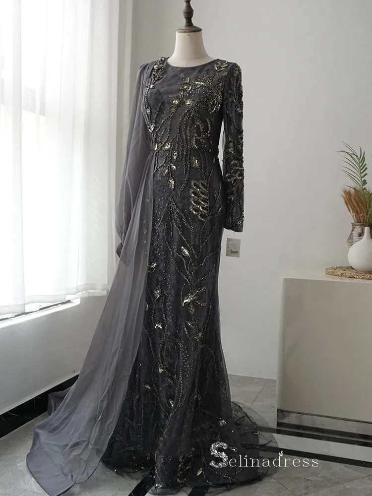 luxury Mermaid Scoop Long Sleeve Beaded Long Prom Dress Gray Evening Dress MLH0475